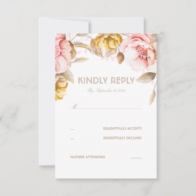 Gold and Blush Flower Watercolor Wedding RSVP Card (Front)
