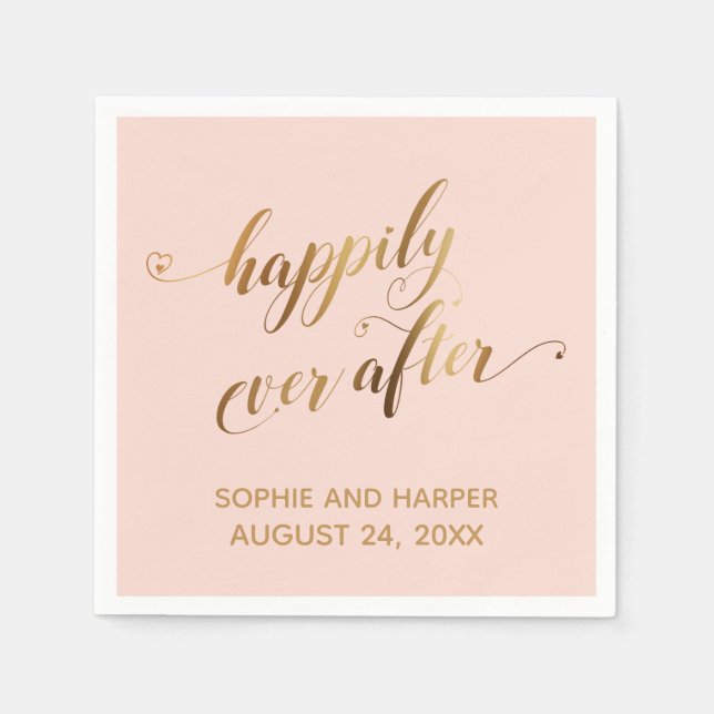Gold and Blush Happily Ever After Hearts Script Napkin (Front)