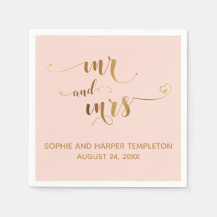 Gold and Blush Pink Mr and Mrs Hearts Calligraphy Napkin