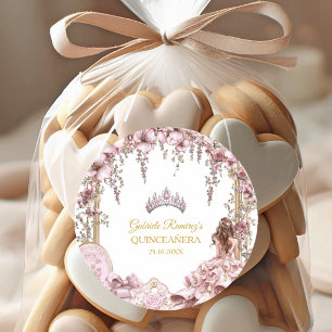 Gold and Blush Pink Tiara Floral Quinceañera Classic Round Sticker