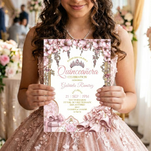 Gold and Blush Pink Tiara Floral  Quinceañera Invitation