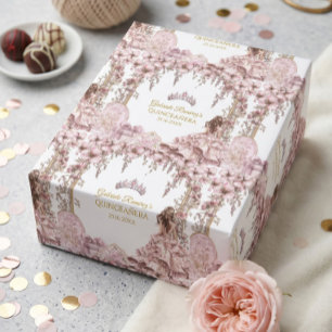 Gold and Blush Pink Tiara Floral Quinceañera Wrapping Paper