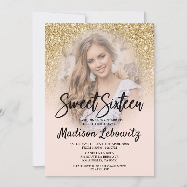Gold and Blush Sweet 16 Photo Birthday Invitation  (Front)