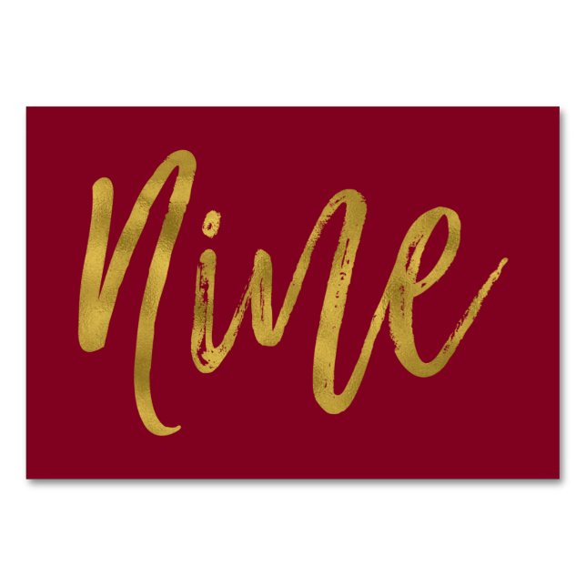 Gold and Burgundy Elegant Table Number Nine (Front)