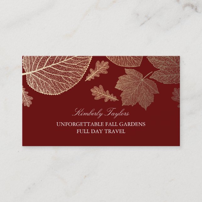 Gold and Burgundy Fall Leaves Elegant Business Card (Front)
