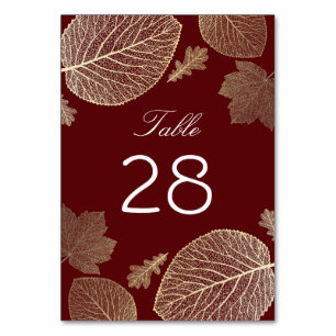 Gold and Burgundy Fall Leaves Wedding Table Number