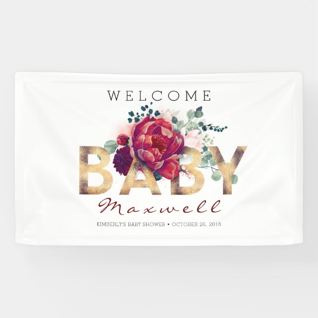 Gold and Burgundy Floral Baby Shower Banner (Horizontal)