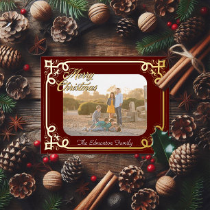 Gold and Burgundy Framed Photo Christmas Foil Holiday Postcard
