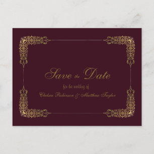 Gold and Burgundy Lace Save the Date Postcard