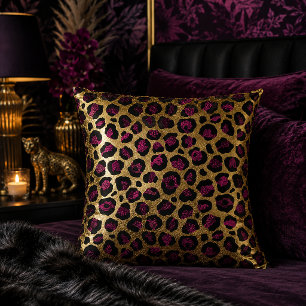 Gold and Burgundy Leopard Print Animal Pattern Cushion