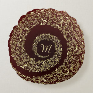 Gold and Burgundy Monogram Decorative Round Cushion