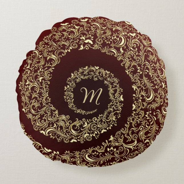 Gold and Burgundy Monogram Decorative Round Cushion (Front)