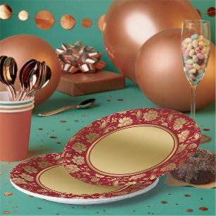 Gold and burgundy-red floral damasks dinner plate