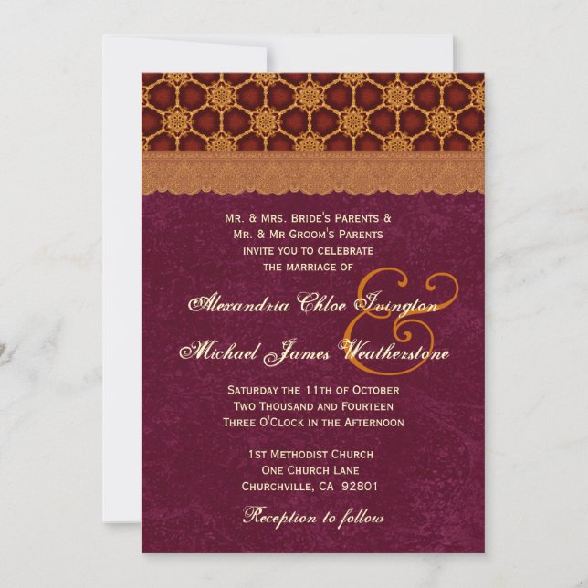 Gold and Burgundy Retro Stars Pattern Wedding B19 Invitation (Front)