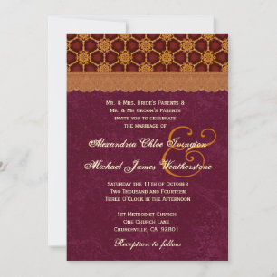 Gold and Burgundy Retro Stars Pattern Wedding B19 Invitation