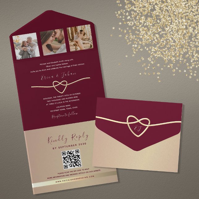 Gold and Burgundy Wedding QR Code All In One Invitation (Creator Uploaded)