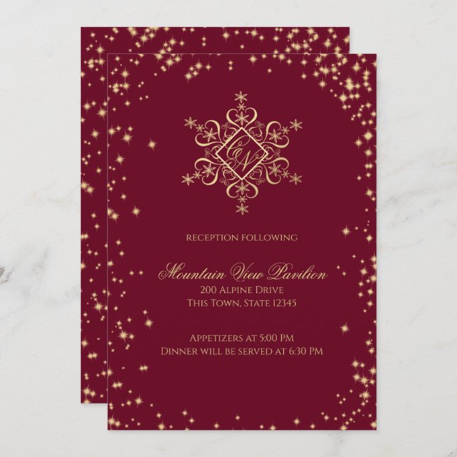 Gold and Burgundy Winter Snowflakes Information Invitation (Front/Back)