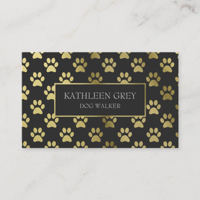 Gold And Charcoal Paw Print Pattern | Dog Walker Business Card (Front)