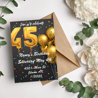 Gold and colourful glitter balloons 45th birthday magnetic invitation