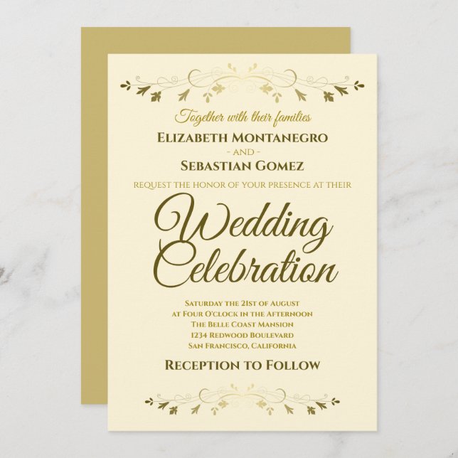 Gold and Cream Elegant Filigree Simple Wedding Invitation (Front/Back)