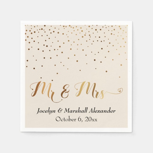 Gold and Cream Mr & Mrs Heart Script Confetti Napkin (Front)