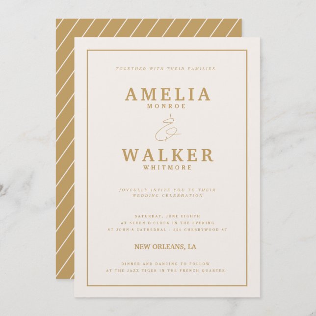 Gold and Cream Stripes Wedding Invitation (Front/Back)