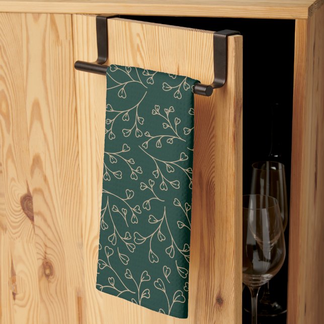 Gold and Dark Emerald Green Botanical Vine Pattern Tea Towel (Thirds Fold)