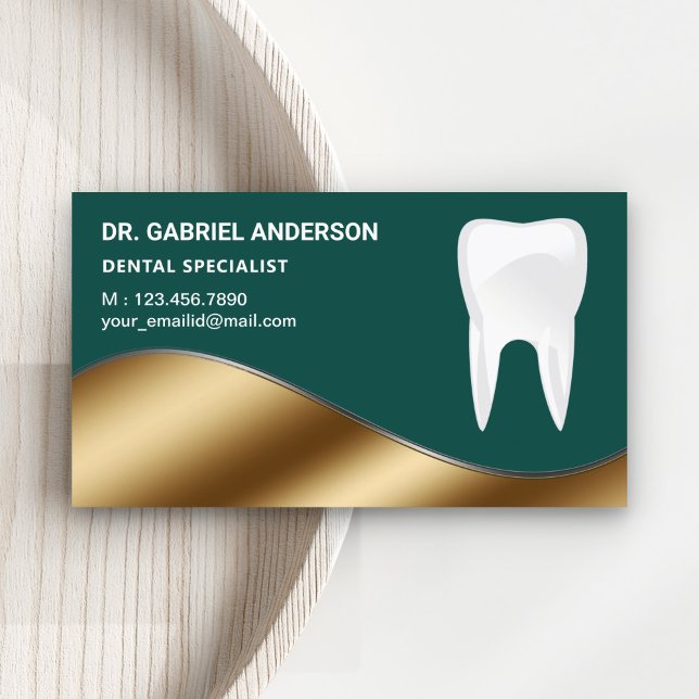 Gold and Dark Green Tooth Dental Clinic Dentist Business Card (Creator Uploaded)