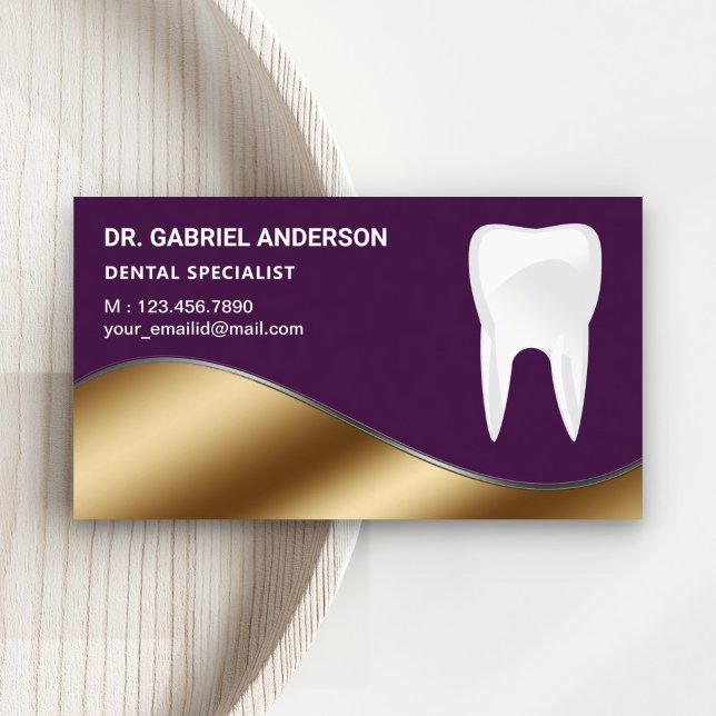 Gold and Dark Purple Tooth Dental Clinic Dentist Business Card (Creator Uploaded)