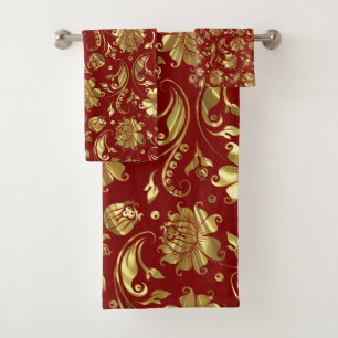 Gold and dark-red floral damasks pattern bath towel set
