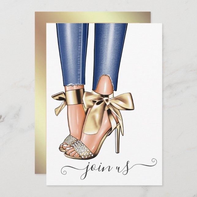 Gold and Denim Fashionista Bachelorette Invitation (Front/Back)