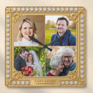 Gold And Diamonds 50th Anniversary 4 Photo Collage Square Wall Clock
