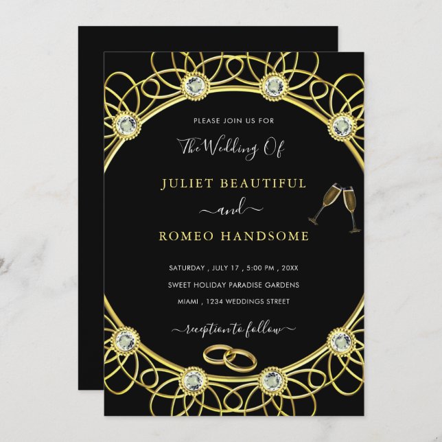 Gold and Diamonds Elegant Black Wedding Invitation (Front/Back)
