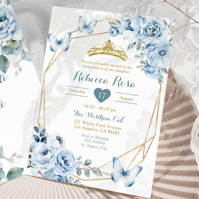 Gold and Dusty Blue Floral Crown Quinceañera Invitation (Creator Uploaded)