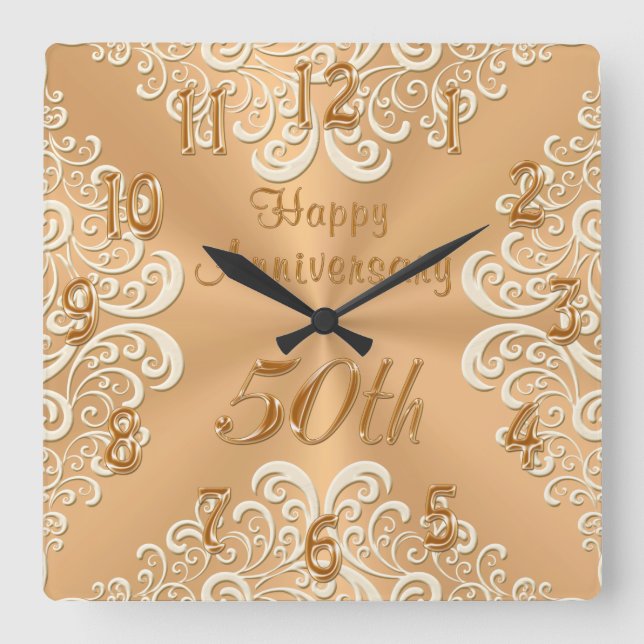 Gold and Ecru Happy 50th Wedding Anniversary Clock (Front)