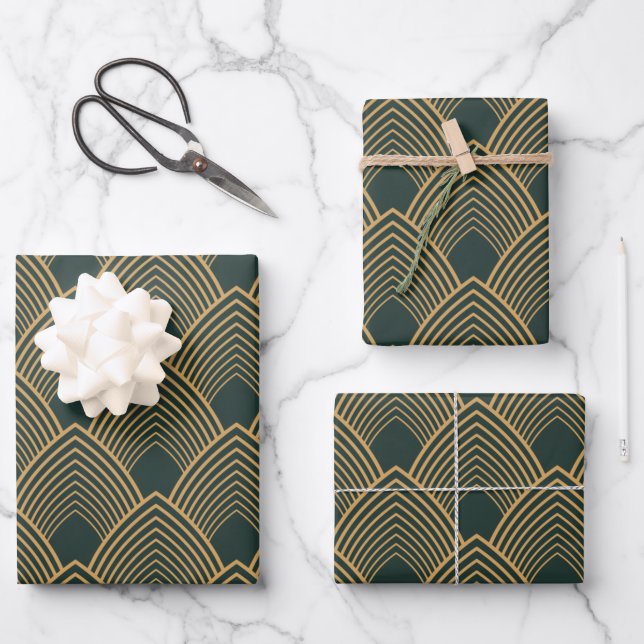 Gold and Emerald Green Art Deco Pattern   Wrapping Paper Sheet (Front)