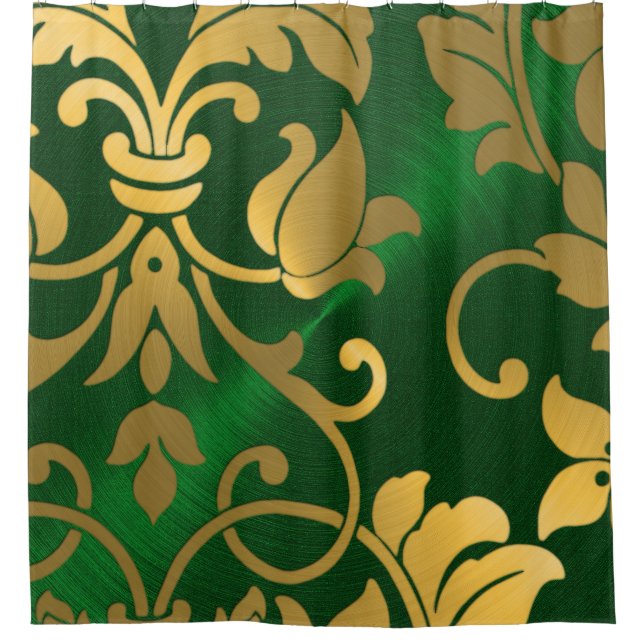 Gold and Emerald Green Damask Shower Curtain (Front)