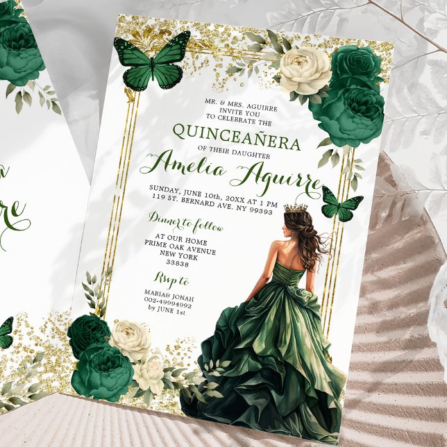 Gold and Emerald Green Royal Princess Quinceañera Invitation (Creator Uploaded)
