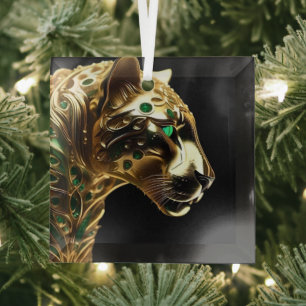 Gold And Emerald Jaguar Design, Glass Tree Decoration