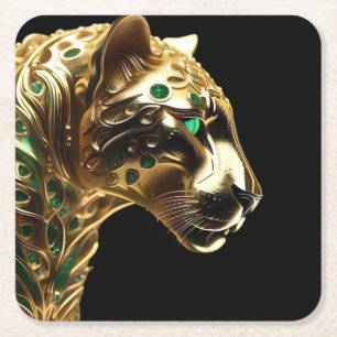 Gold And Emerald Jaguar Design, Square Paper Coaster