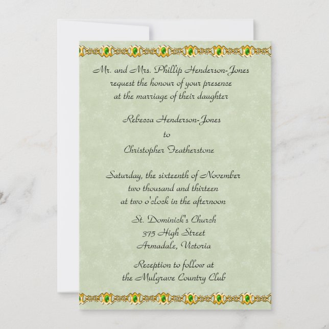 Gold and Emerald Jewel Wedding Invitation (Front)