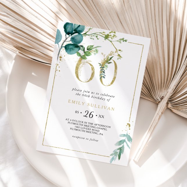 Gold and Eucalyptus 60th Birthday Party Invitation (Creator Uploaded)
