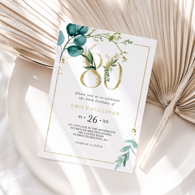 Gold and Eucalyptus 80th Birthday Party Invitation (Creator Uploaded)