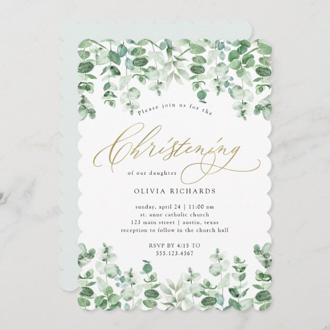 Gold and Eucalyptus Elegant Watercolor Christening Invitation (Front/Back)