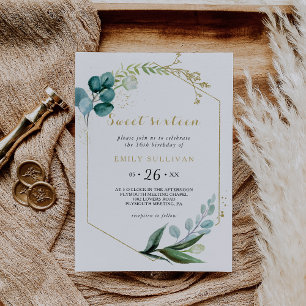 Gold and Eucalyptus Sweet Sixteen Birthday Party Invitation