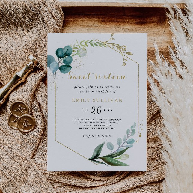 Gold and Eucalyptus Sweet Sixteen Birthday Party Invitation (Creator Uploaded)