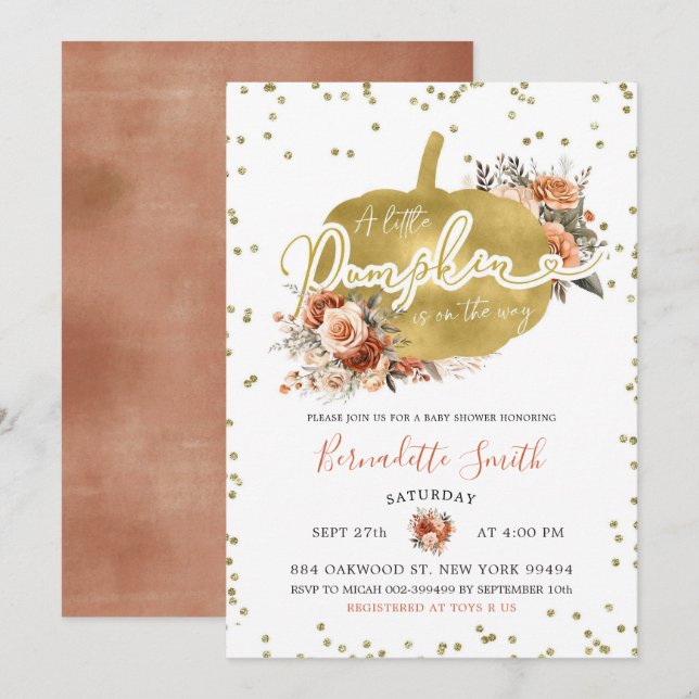 Gold and Floral Burnt Orange Pumpkin Baby Shower Invitation (Front/Back)