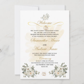Gold and floral peach Formal Wedding Invitation