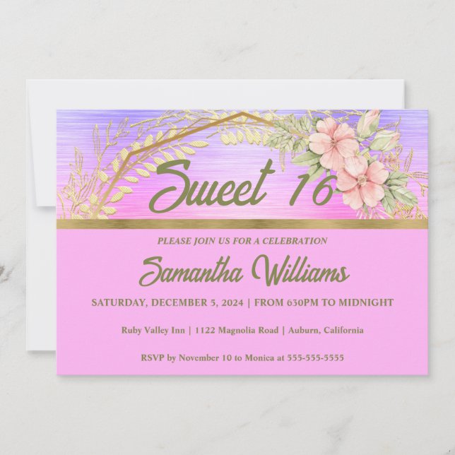 Gold and Floral Sweet 16 Invitation (Front)