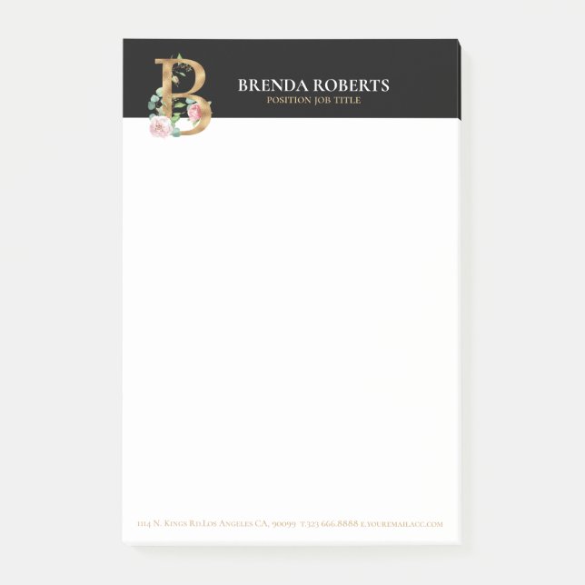 Gold and flowers lettering Monogram B Post-it Notes (Front)